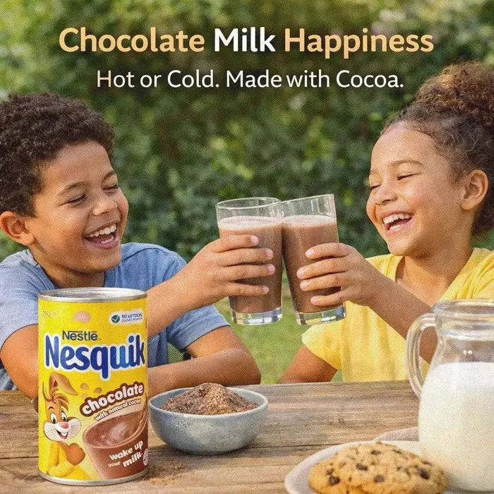 Nestlé Nesquik Chocolate 250g tin with natural cocoa, smooth chocolate powder for hot or cold milk, family favorite from South African Shop NZ