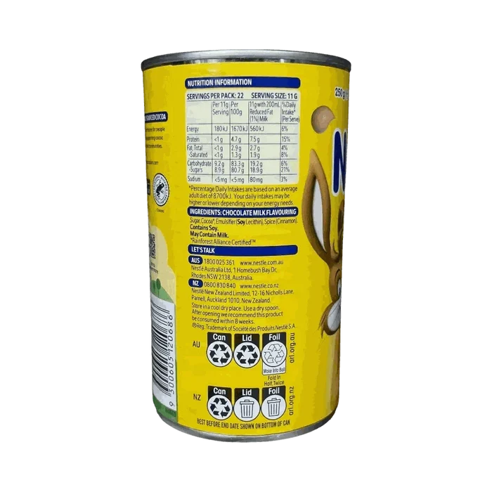 Nestlé Nesquik Chocolate 250g tin with natural cocoa powder for hot or cold milk drinks