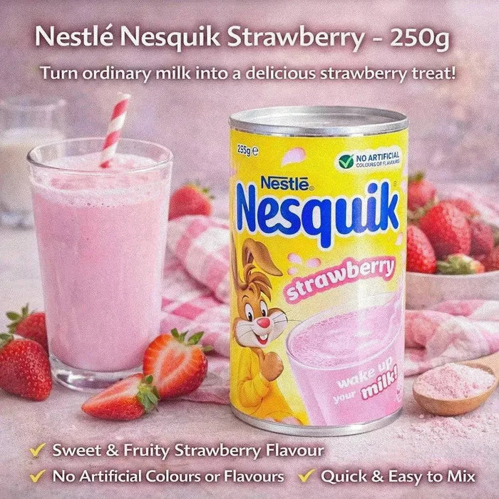 Nestlé Nesquik Strawberry 250g tin of strawberry-flavored milk powder