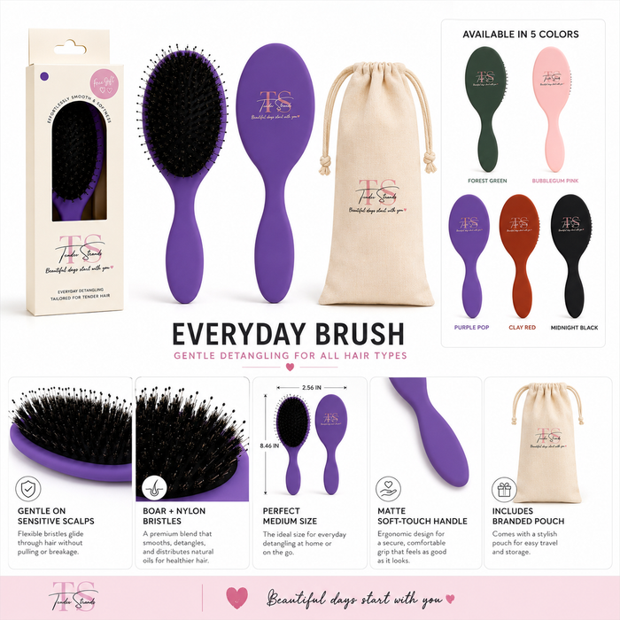 Purple everyday hairbrush with black bristles, shown with its retail box, drawstring pouch, and a color-options inset. The image includes feature callouts and text describing the brush's gentle scalp sensitivity, nylon bristles, perfect size, matte soft touch handle, and included branded pouch.