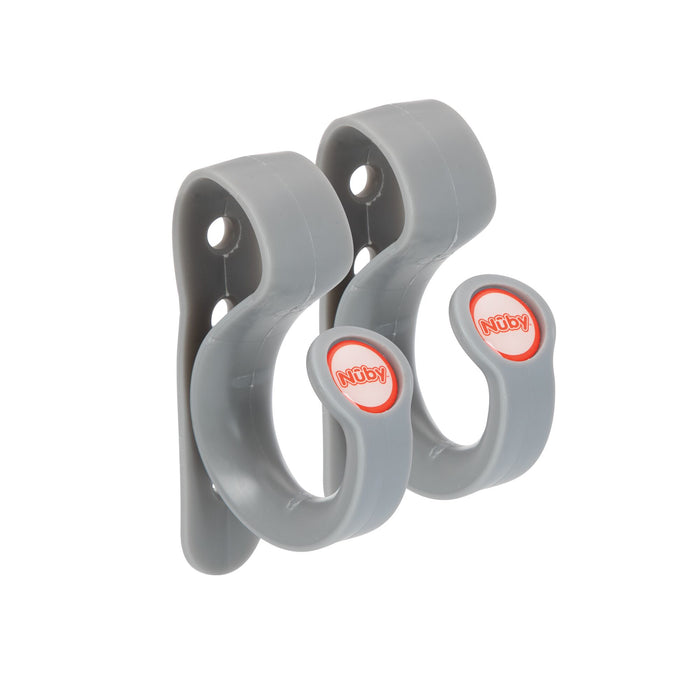 Nuby Non-Slip Stroller Hooks (2 Pack) in grey feature a curved, open design with two mounting holes and red-white logos—ideal stroller accessories for securely hanging items on walls or strollers.