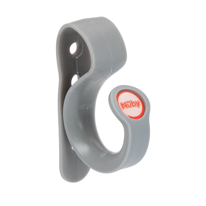 The Nuby Non-Slip Stroller Hook (2 Pack) in grey features a curved, nonslip plastic design with a red "Nuby" label and two mounting holes, making it a practical stroller accessory.