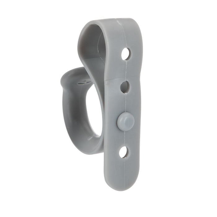 The Nuby Non-Slip Stroller Hook (2 Pack) in grey features a circular loop and three vertically aligned holes, making it an essential stroller accessory for securely attaching or hanging items on your baby stroller.