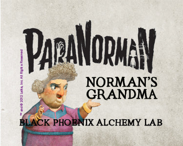 Promotional poster for 'Paranorman: Norman's Grandma' by Black Phoenix Alchemy Lab with a character in a purple outfit.