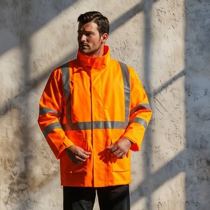 NSW Rail reflective 4-in-1 jacket in bright orange hi-vis with gray stripes