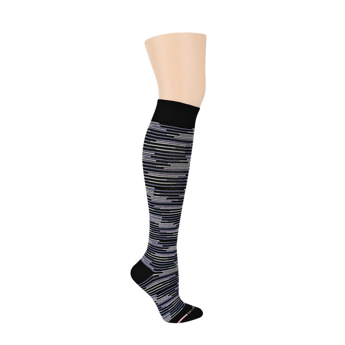 Knee-high compression sock with a black and multicolored striped design, displayed on a mannequin leg.