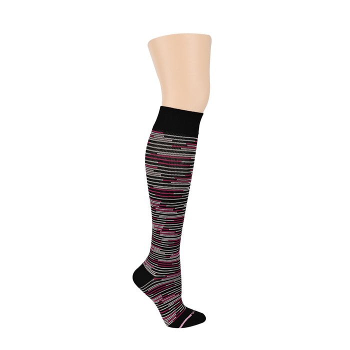 Knee-high compression socks with a black and multicolored striped design.