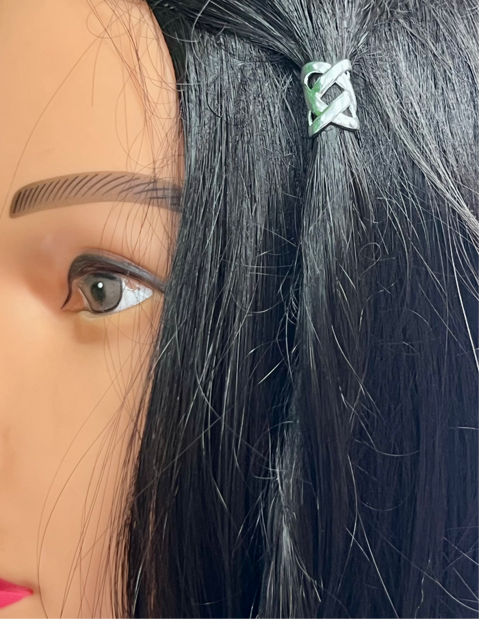 Model wearing Open Weave Hair Bead - Silver Finish Braid & Dreadlock Accessory