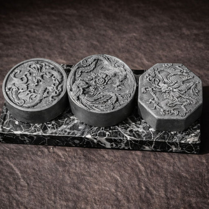 Oriental Obsidian handcrafted dragon guest soaps with tussah silk, green tea, camellia oil rich lather by Southern Luxe Savon