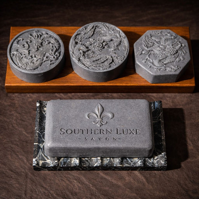 Oriental Obsidian luxury soap collection with bath bar and handcrafted dragon guest soaps by Southern Luxe Savon