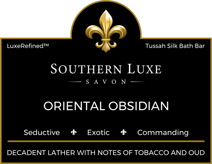 Oriental Obsidian 8.5 oz luxury men's bath bar label by Southern Luxe Savon with oud and amber fragrance
