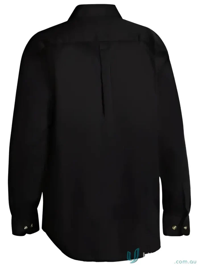 Black long-sleeve collared shirt made from original cotton drill fabric