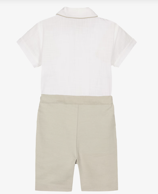 PATACHOU Boys Ivory Shirt & Beige Twill Shorts Set