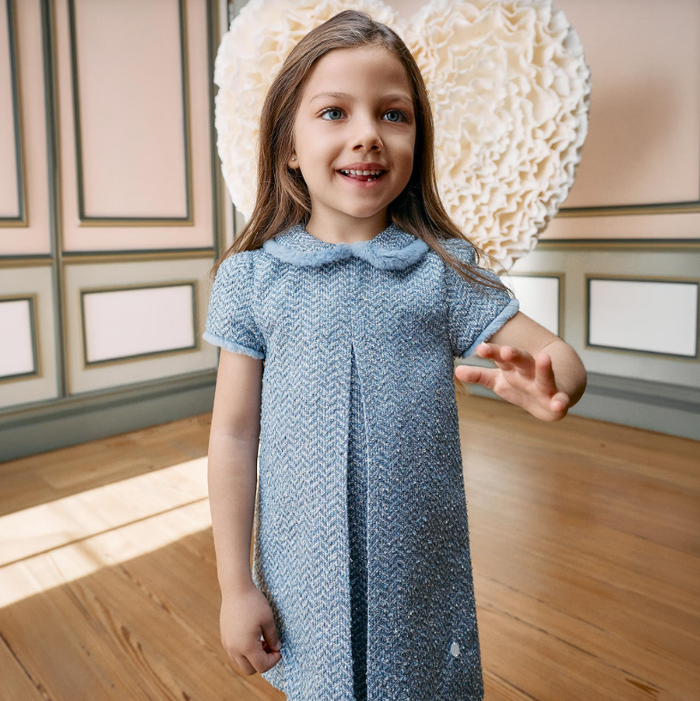 PATACHOU Girls Blue Tweed Dress with Faux Fur Trim
