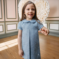 PATACHOU Girls Blue Tweed Dress with Faux Fur Trim