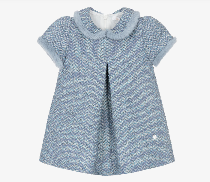 PATACHOU Girls Blue Tweed Dress with Faux Fur Trim