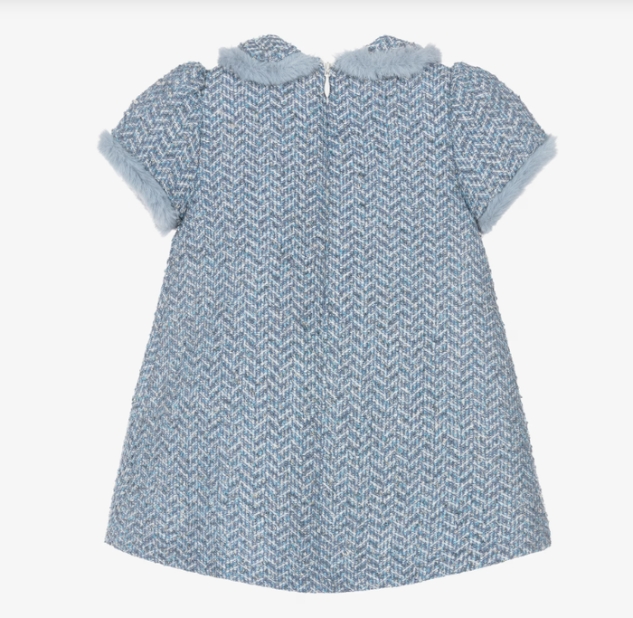 PATACHOU Girls Blue Tweed Dress with Faux Fur Trim