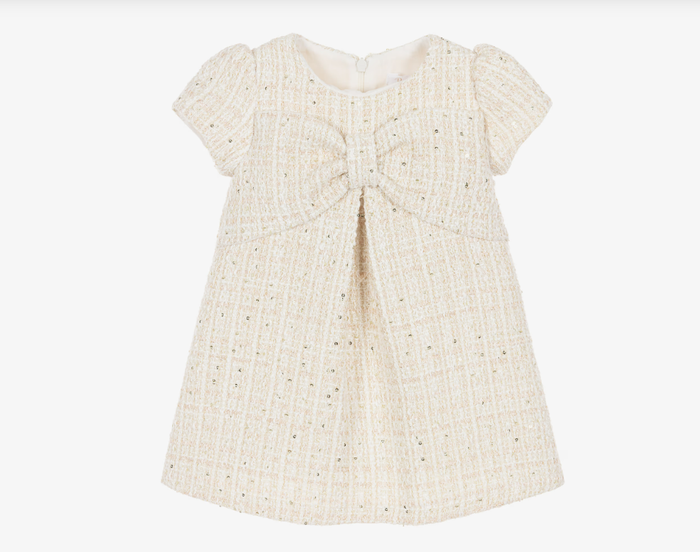 PATACHOU Girls Ivory Tweed Dress with Bow & Sequins