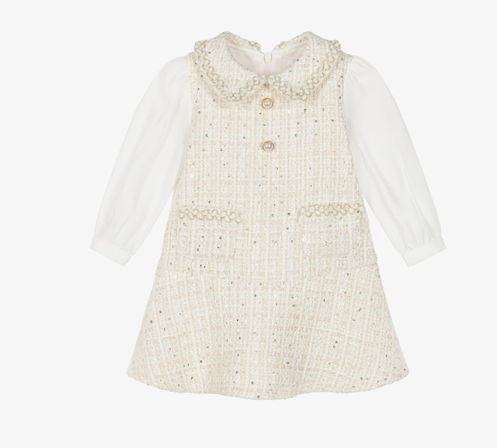 PATACHOU Girls Ivory Tweed Dress with Chiffon Sleeves