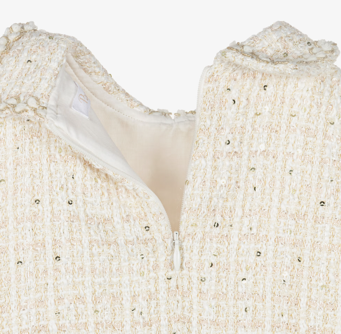 PATACHOU Girls Ivory Tweed Dress with Chiffon Sleeves