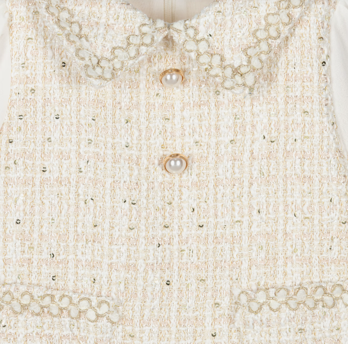 PATACHOU Girls Ivory Tweed Dress with Chiffon Sleeves