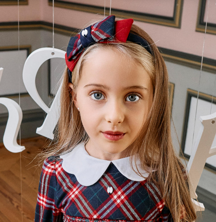 PATACHOU Girls Navy Blue & Red Tartan Bow Hairband