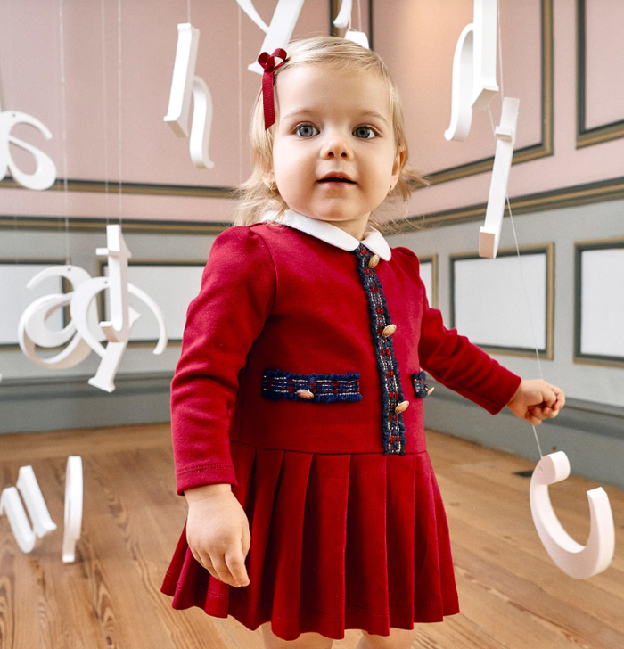 PATACHOU Girls Red Cotton Jersey Dress with Tartan Trims