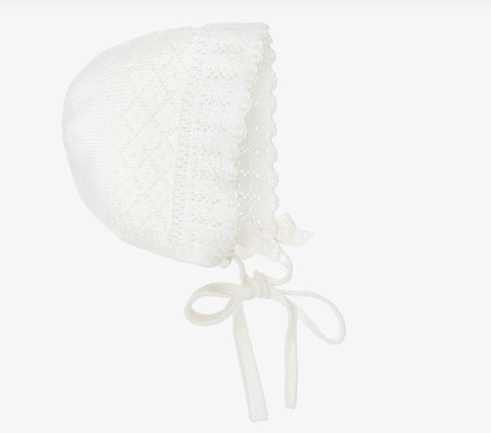 PAZ RODRIGUEZ Ivory Merino Wool Lacey Knit Baby Bonnet