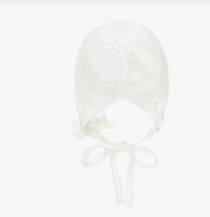 PAZ RODRIGUEZ Ivory Merino Wool Lacey Knit Baby Bonnet