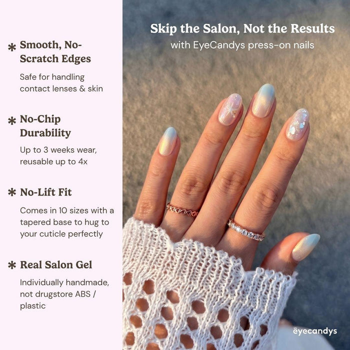 A hand with Pearl Jam Press-On Nails by EyeCandys, shown in sunlight, features pastel shades and delicate pearl design. Text highlights: smooth edges, chip-free durability, salon gel look, and safe for contact lens wearers.
