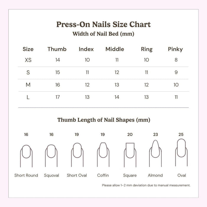 The EyeCandys Pearl Jam Press-On Nails size chart lists nail bed widths (mm) for thumb, index, middle, ring, and pinky in XS-L sizes and shows illustrations of handmade nails in various shapes with matching thumb lengths.