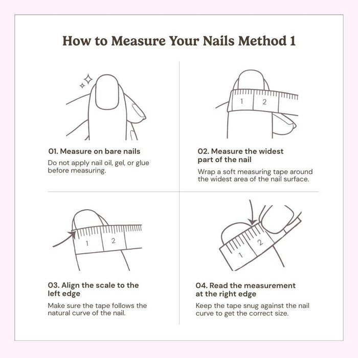 Instructional graphic with four illustrated steps on measuring nail width for EyeCandys Pearl Jam Press-On Nails. Shows how to use a ruler: measure on bare nails, wrap the scale, align at the left edge, and keep it snug at the right edge.