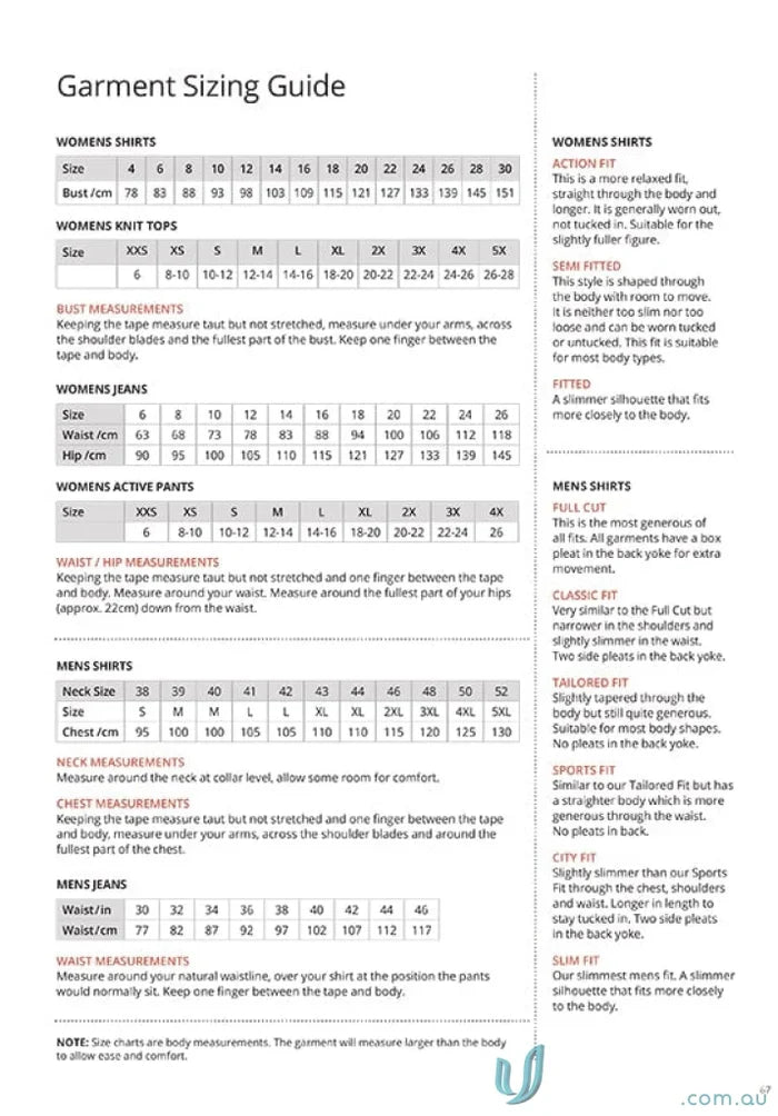 Garment sizing guide for Pinfeather LS Shirt, perfect for work uniforms and workwear