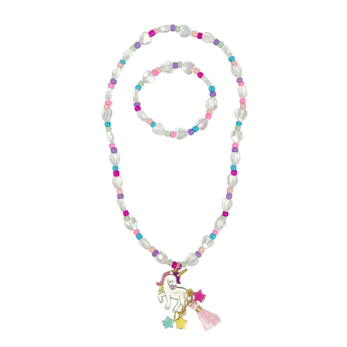 Pink Poppy Unicorn Charm Necklace and Bracelet Set