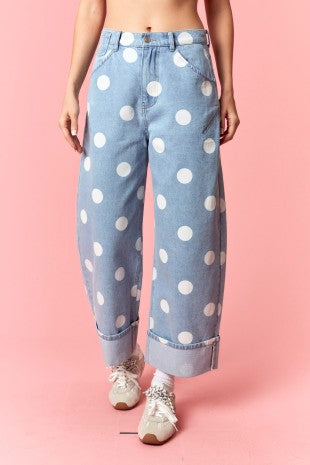 Polka Dot Rolled Up Barrel Denim Pants