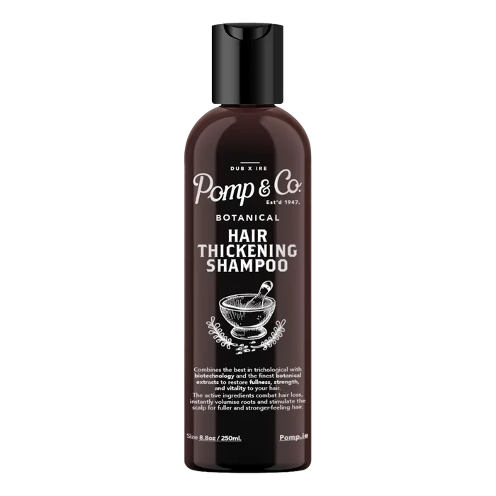 Pomp & Co. Botanical Hair Thickening Shampoo i mørkbrun flaske med svart hette