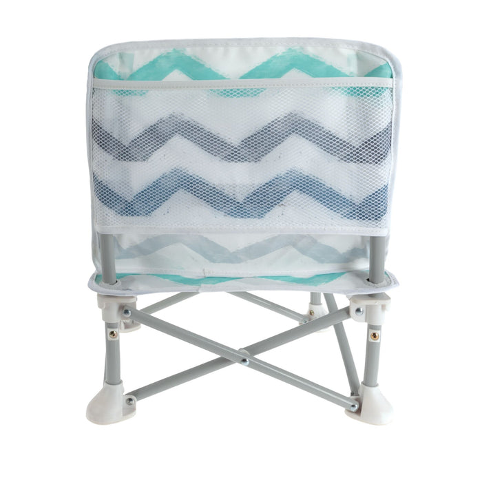 The Nuby Pop Up Booster Seat | Chevron features a blue and gray chevron mesh back, a light gray metal frame, and white plastic feet—ideal as a portable high chair or travel booster for on-the-go convenience.