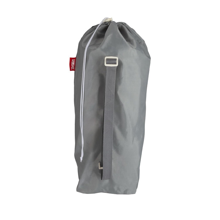 The Nuby Pop Up Booster Seat | Chevron is shown upright against a white background, stored in a gray drawstring laundry bag with a white cord, gray strap, and red tag—perfect for carrying essentials like travel booster seats.