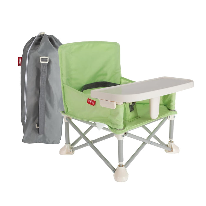 The Nuby Pop Up Booster Seat | Green features a detachable white tray, safety straps, and comes with a gray carrying bag—making it the perfect travel booster seat for on-the-go convenience.