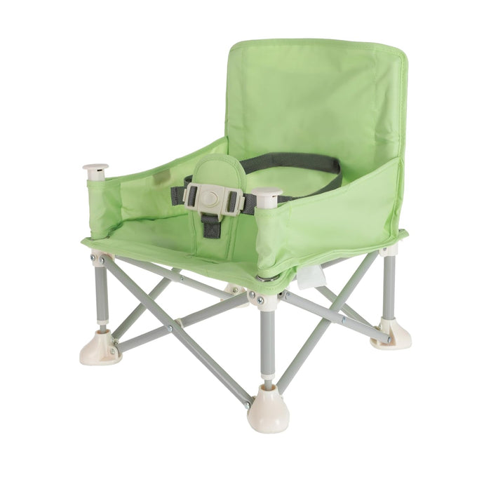The Nuby Pop Up Booster Seat | Green features a light green seat with a safety harness, white feet, and metal legs. This small, portable infant seat is perfect as a travel booster for young children.