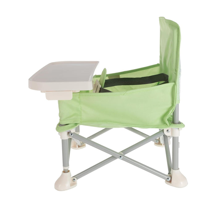 The Nuby Pop Up Booster Seat | Green is a portable, foldable seat with an attached tray and safety straps for young children, featuring sturdy metal and plastic construction for safe, convenient travel use.