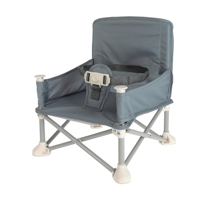 The Nuby Pop Up Booster Seat | Grey is a portable booster with a fabric backrest, safety straps, and collapsible metal legs, designed for young children.