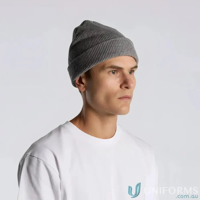 Grey knit beanie with cuffed hem and longer body, perfect for cold days