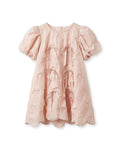 Blush pink textured girls dress with puff sleeves, round neckline, and drawstring bow