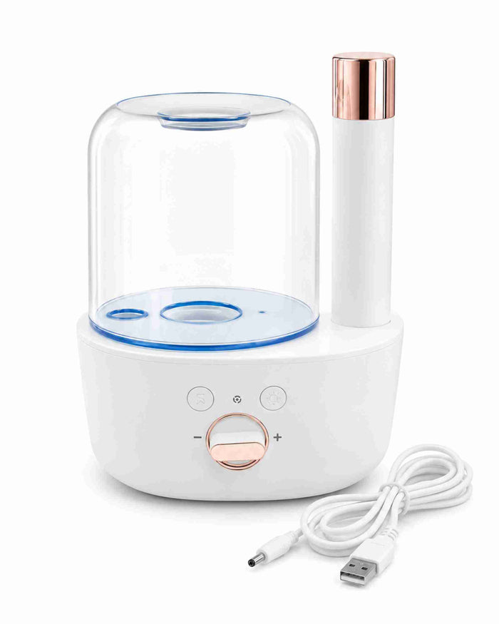 Glass dome aroma diffuser with white base, rose-gold mist tube, and USB cable.