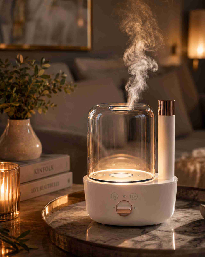 Glass dome aroma diffuser with rising mist and rose-gold accent tube on white base.
