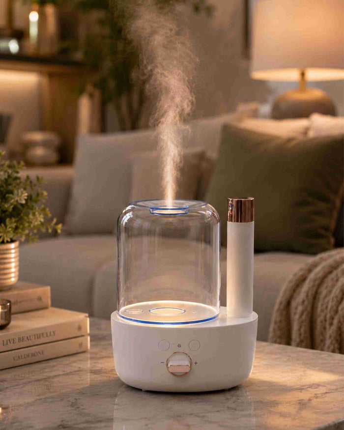 Glass dome aroma diffuser emitting mist with white base and rose-gold tube.