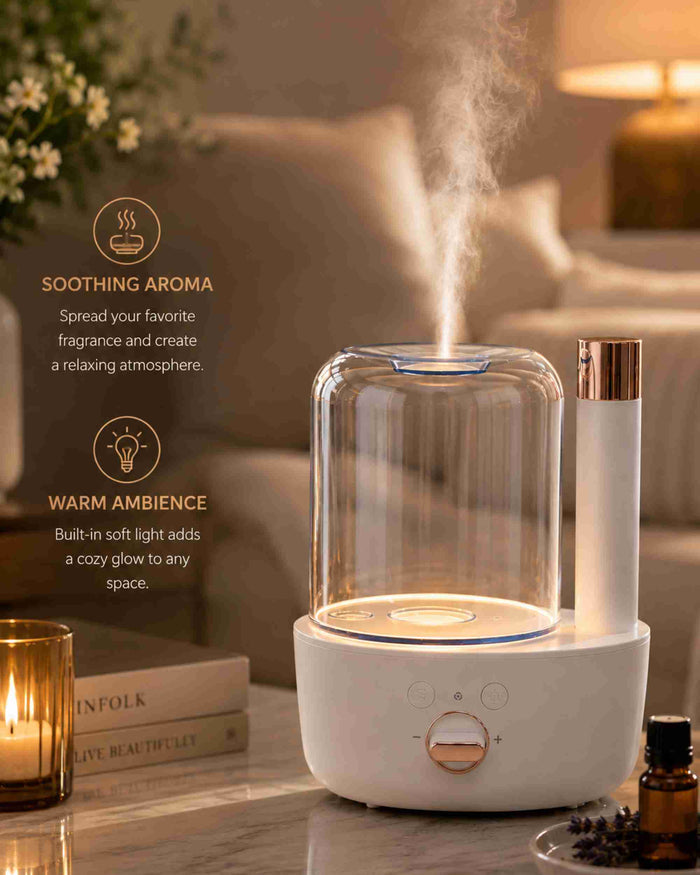 Glass dome aroma diffuser with rising mist, white base, and rose-gold tube on counter.