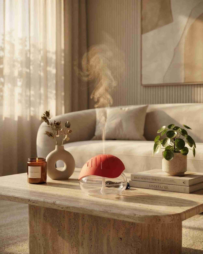 Red aroma diffuser with clear base on coffee table releasing cool mist