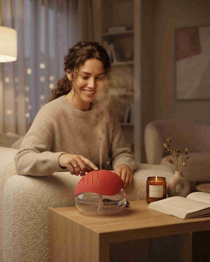 Red aroma diffuser with clear base releasing cool mist